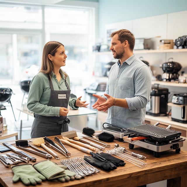 Beratung zu Grillzubehör an einer Werkbank in einem hellen Fachgeschäft in Renens