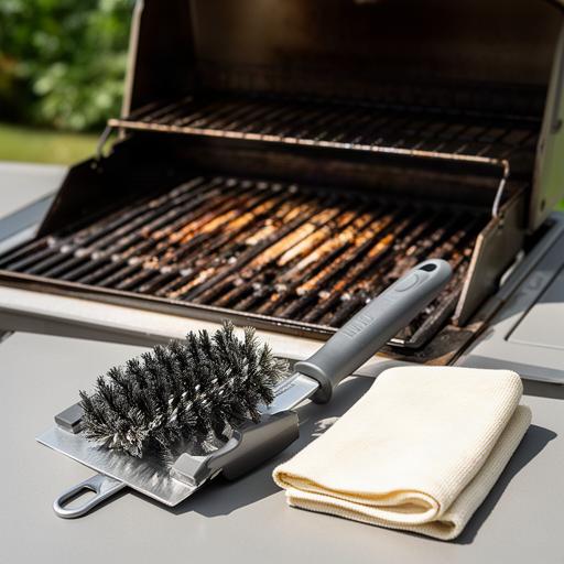 Grillbürste, Schaber und Reinigungstücher neben einem geöffneten Grill