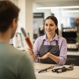 Durmisi Mija erklärt einem Kunden Reinigungszubehör an einer Beratungstheke