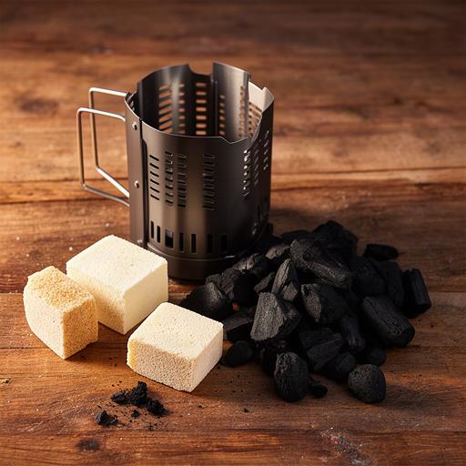 Anzündwürfel und Anzündkamin auf einem Holztisch neben Grillkohle