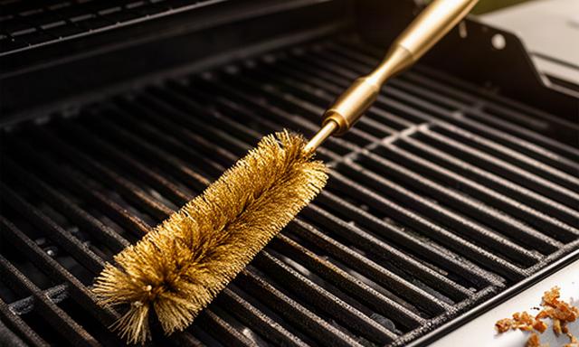 Messing-Grillbürste mit langem Griff auf einem gereinigten Grillrost