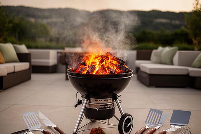 Glühender Holzkohlegrill mit Grillbesteck und Gewürzen auf einer Terrasse