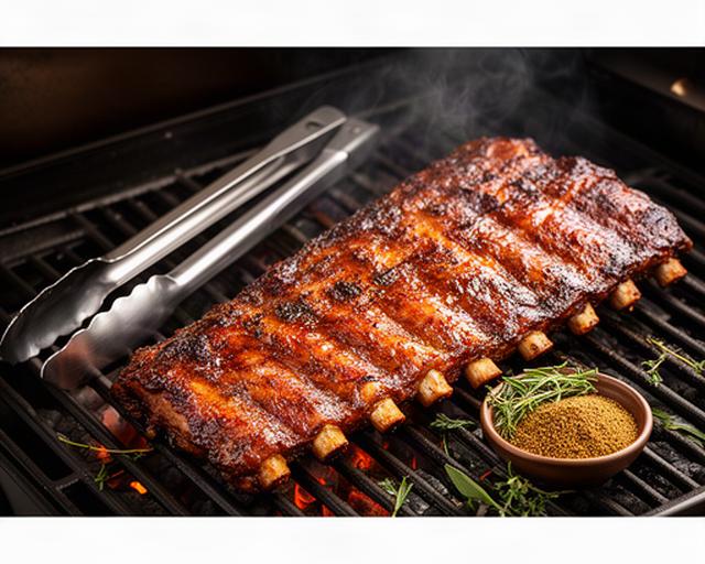 Saftige Spareribs auf einem Grillrost neben Zange und Gewürzen