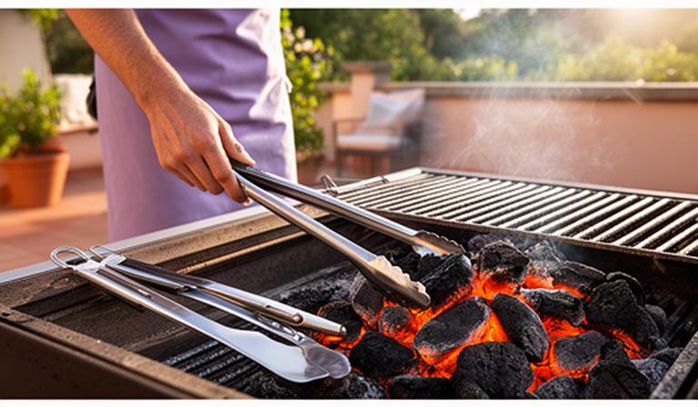 Grillmeister legt Grillbesteck neben glühende Holzkohle auf einer sonnigen Terrasse bereit