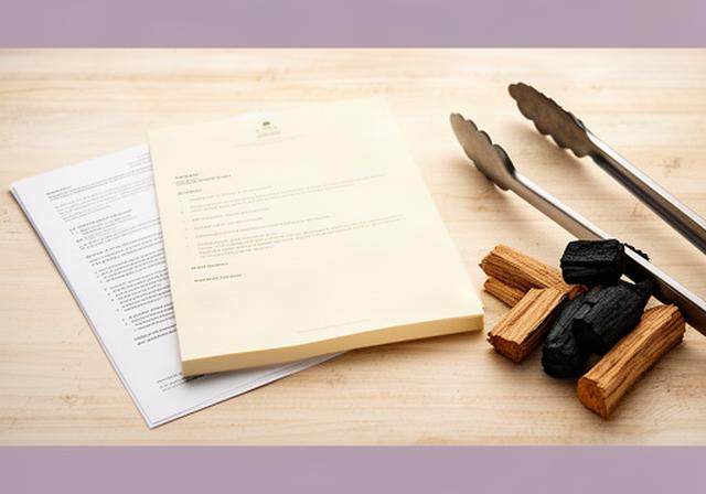 Geöffnete Vertragsunterlagen neben Grillzange und Holzkohle auf einem hellen Holztisch