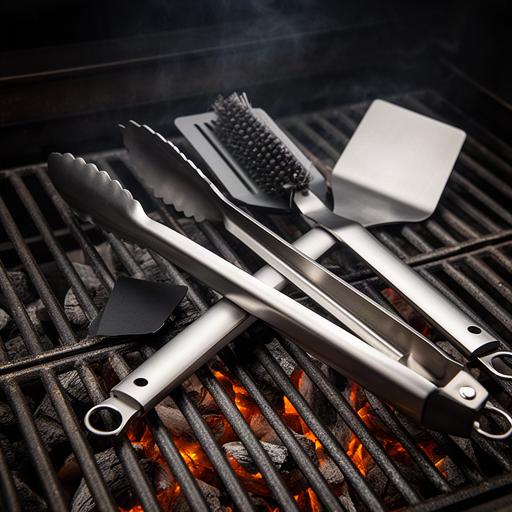 Zange, Wender und Grillbürste aus Edelstahl auf einem Grillrost