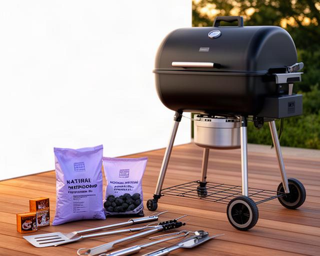 Schwarzer Grill mit Grillbesteck, Holzkohle und Anzündhilfe auf einer Holzterrasse