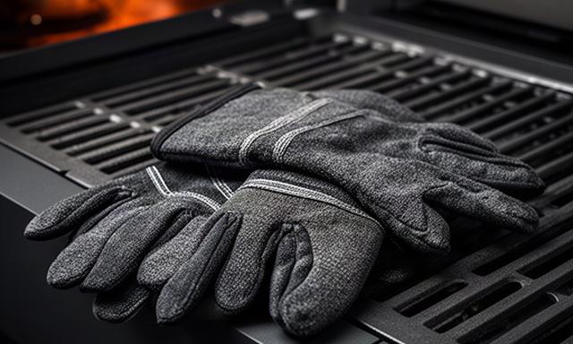 Hitzebeständige Grillhandschuhe auf einer dunklen Grillstation