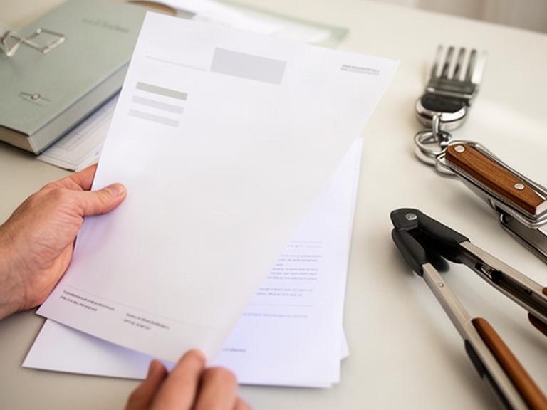 Hände prüfen eine übersichtliche Datenschutzunterlage neben Grillzubehör auf einem hellen Arbeitstisch