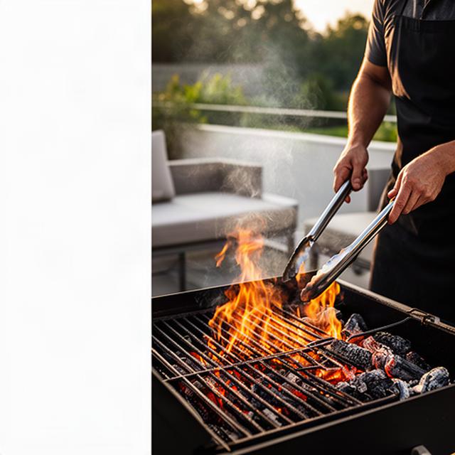 Grillmeister mit Zange an einem heissen Holzkohlegrill auf einer Terrasse